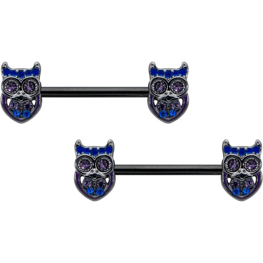 14G 9/16 Purple Blue Gem Black Opulent Owl Barbell Nipple Ring Set