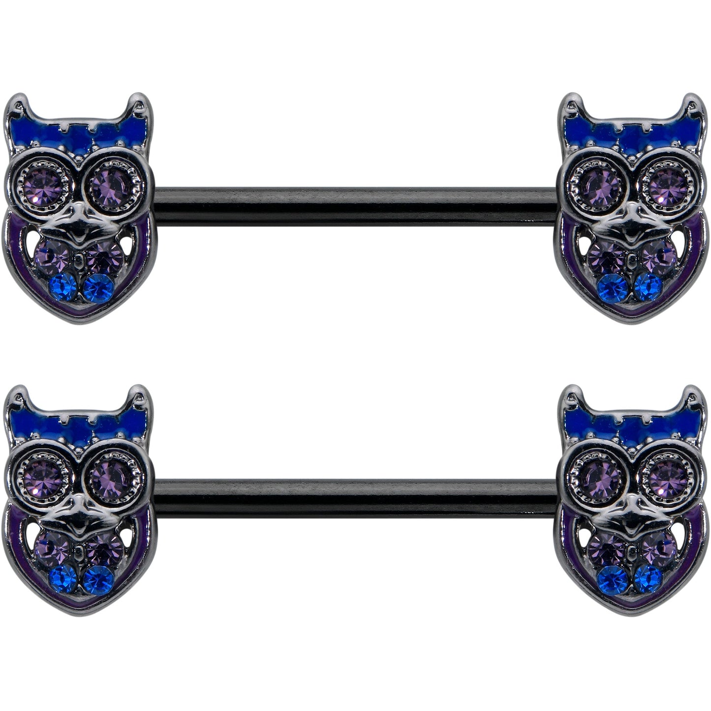 14G 9/16 Purple Blue Gem Black Opulent Owl Barbell Nipple Ring Set