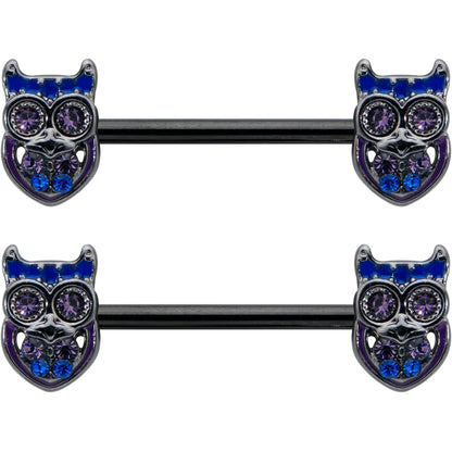 14G 9/16 Purple Blue Gem Black Opulent Owl Barbell Nipple Ring Set
