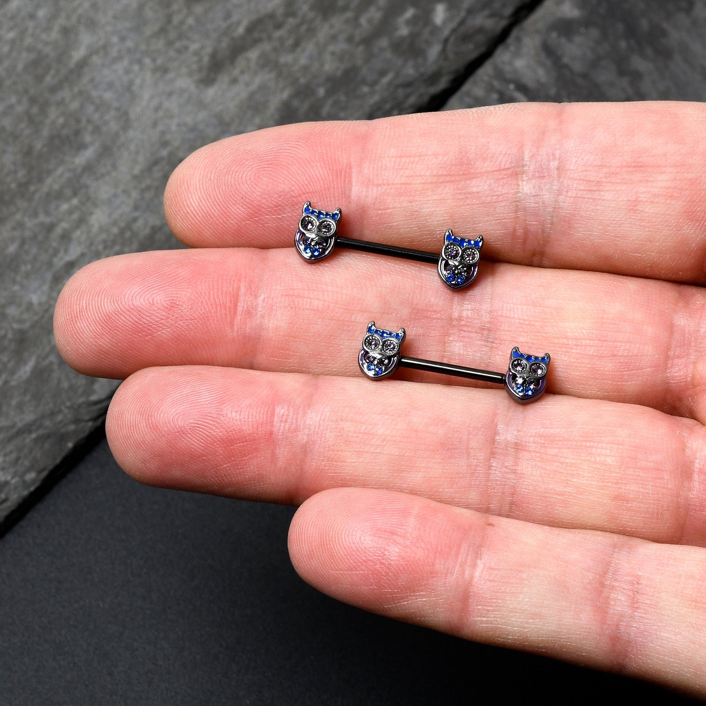 14G 9/16 Purple Blue Gem Black Opulent Owl Barbell Nipple Ring Set