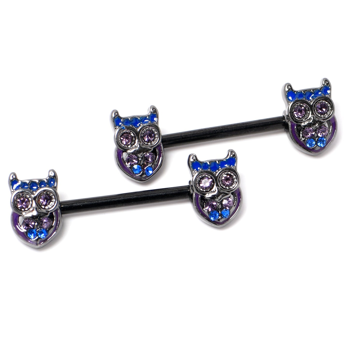 14G 9/16 Purple Blue Gem Black Opulent Owl Barbell Nipple Ring Set