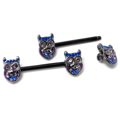 14G 9/16 Purple Blue Gem Black Opulent Owl Barbell Nipple Ring Set