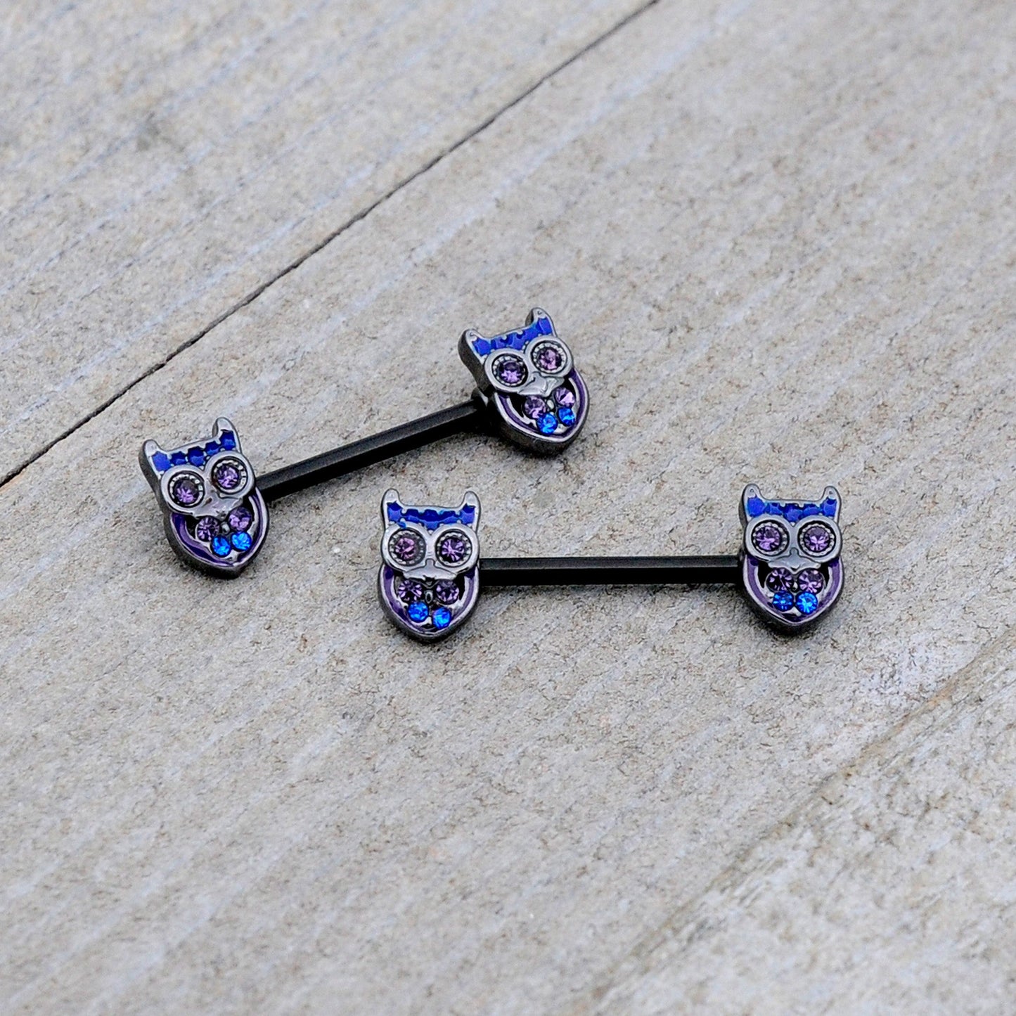 14G 9/16 Purple Blue Gem Black Opulent Owl Barbell Nipple Ring Set
