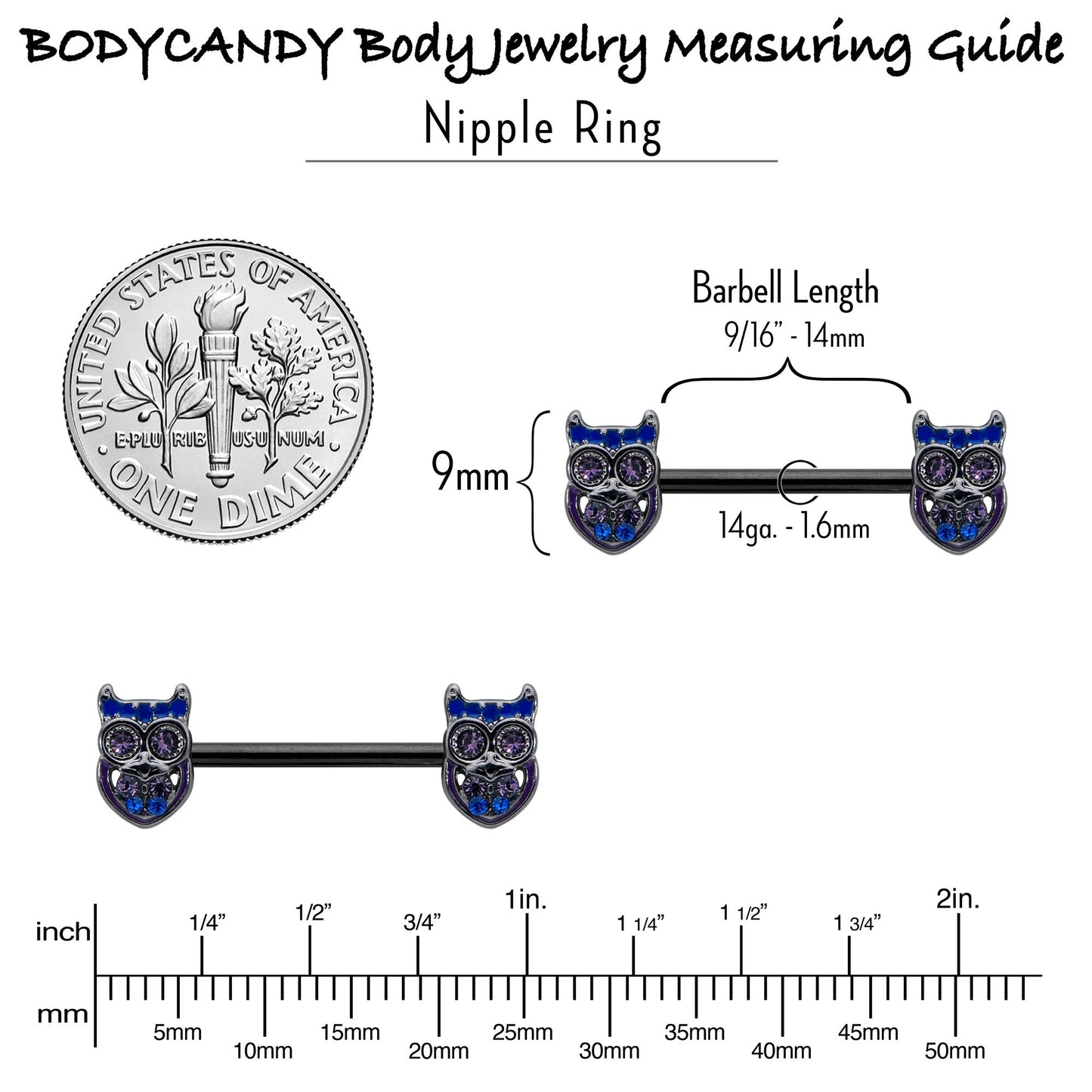 14G 9/16 Purple Blue Gem Black Opulent Owl Barbell Nipple Ring Set