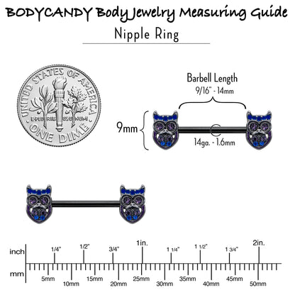 14G 9/16 Purple Blue Gem Black Opulent Owl Barbell Nipple Ring Set