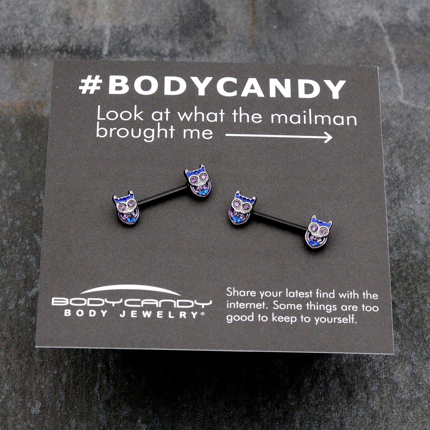14G 9/16 Purple Blue Gem Black Opulent Owl Barbell Nipple Ring Set