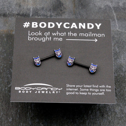 14G 9/16 Purple Blue Gem Black Opulent Owl Barbell Nipple Ring Set
