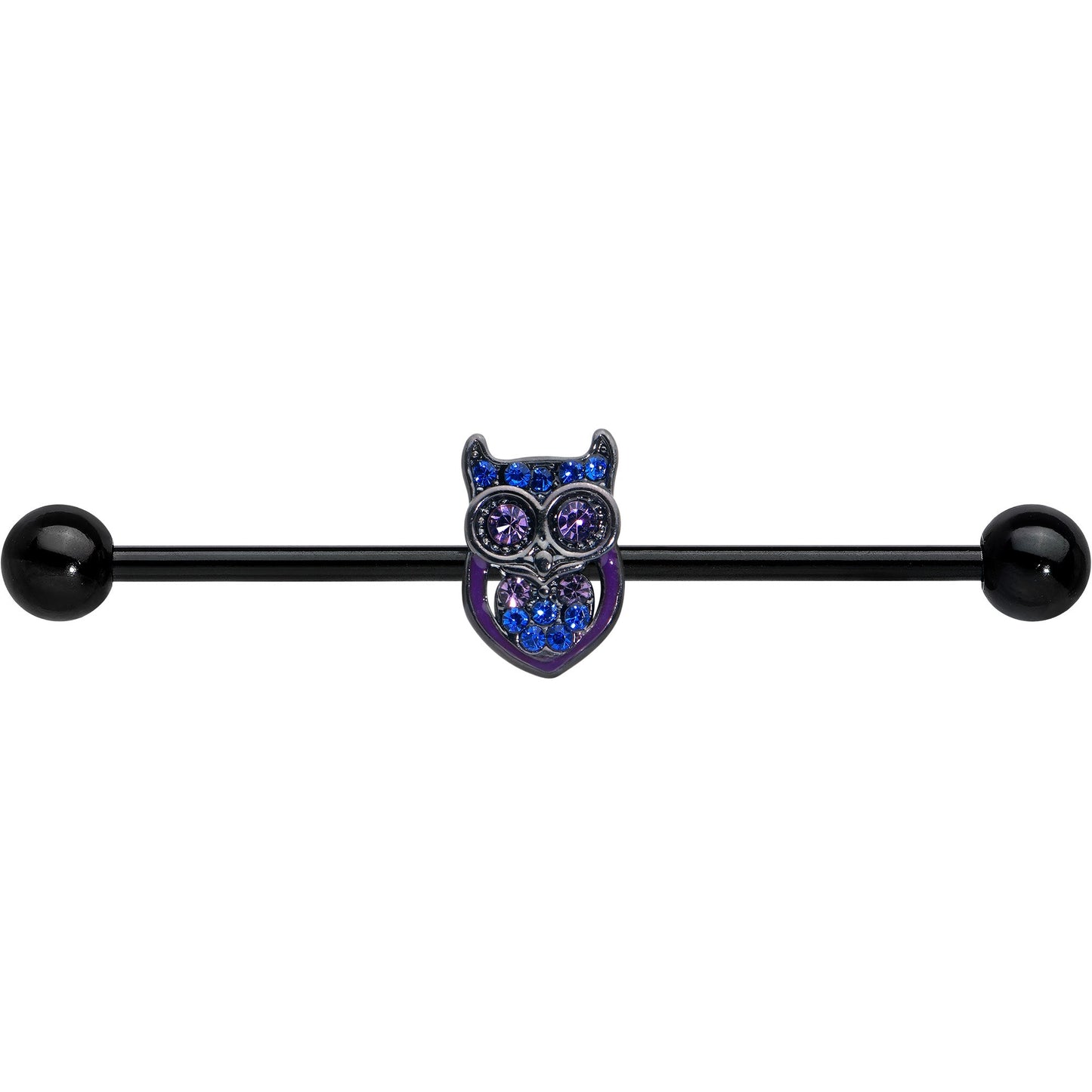14G Blue Purple Gem Black Opulent Owl Industrial Barbell 38mm