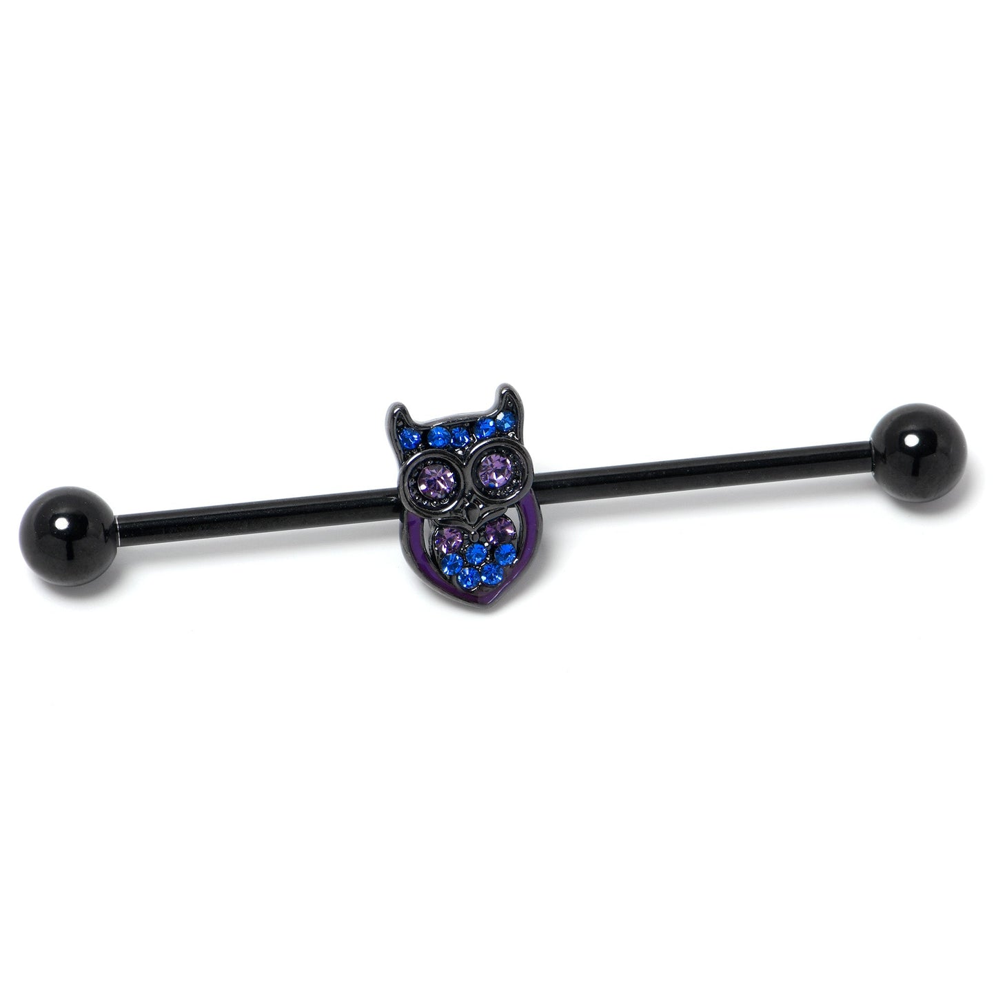14G Blue Purple Gem Black Opulent Owl Industrial Barbell 38mm