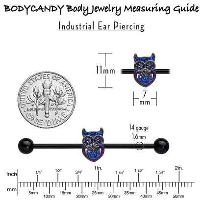 14G Blue Purple Gem Black Opulent Owl Industrial Barbell 38mm