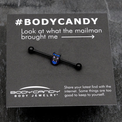 14G Blue Purple Gem Black Opulent Owl Industrial Barbell 38mm