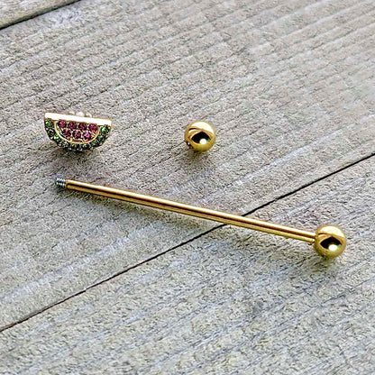 14G Pink Green Gem Gold Hue Watermelon Yum Industrial Barbell 38mm