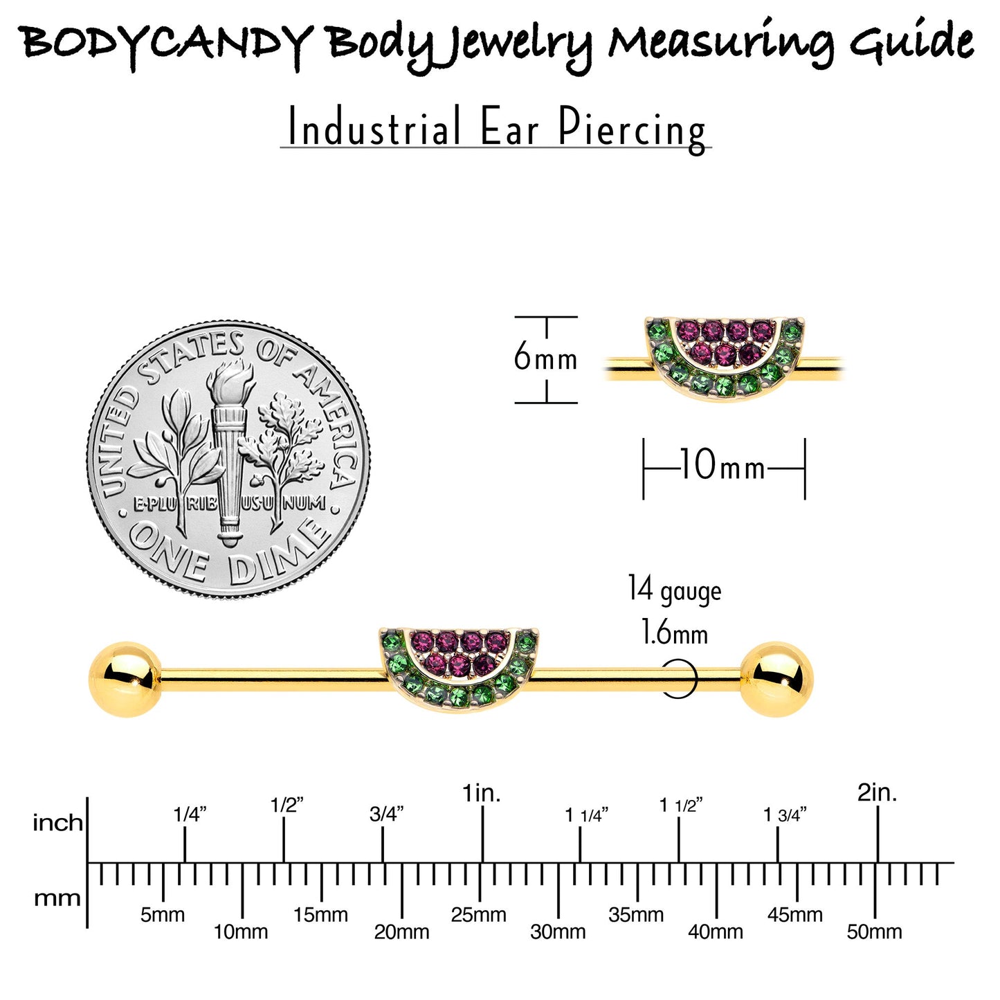 14G Pink Green Gem Gold Hue Watermelon Yum Industrial Barbell 38mm