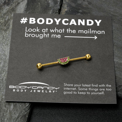 14G Pink Green Gem Gold Hue Watermelon Yum Industrial Barbell 38mm