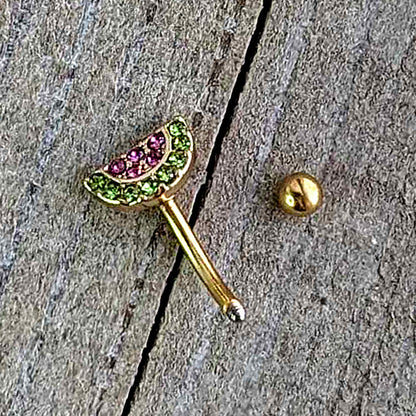 16G 5/16 Pink Gem Gold Tone Watermelon Yum Curved Eyebrow Ring