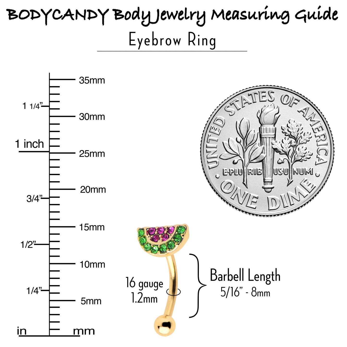 16G 5/16 Pink Gem Gold Tone Watermelon Yum Curved Eyebrow Ring