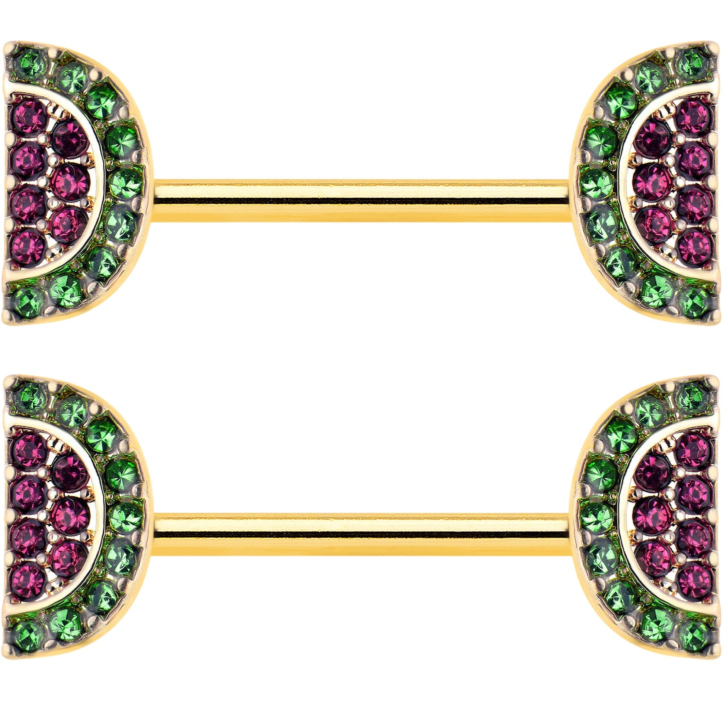 14G 9/16 Pink Gem Gold Hue Watermelon Yum Barbell Nipple Ring Set