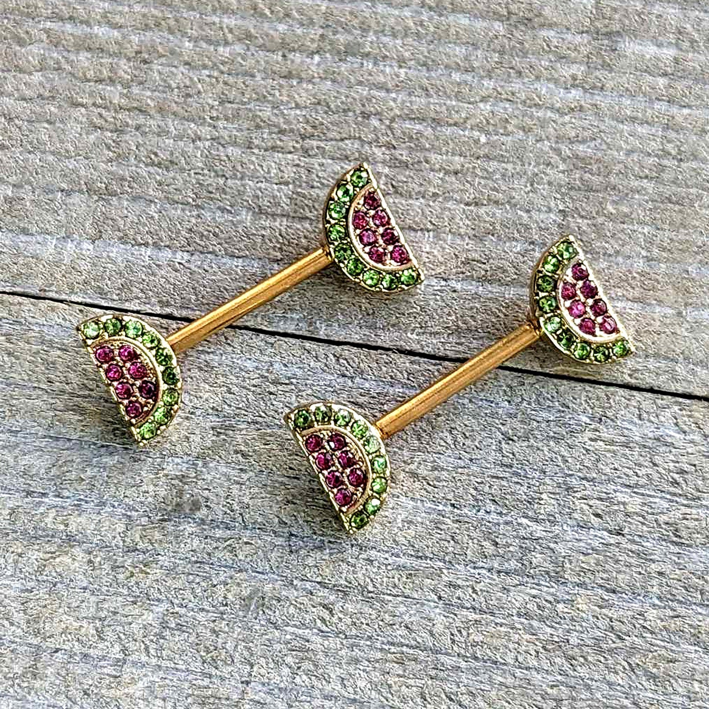 14G 9/16 Pink Gem Gold Hue Watermelon Yum Barbell Nipple Ring Set