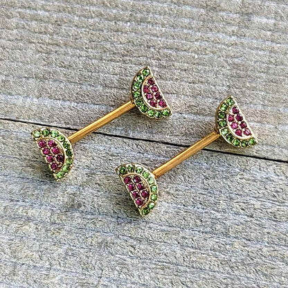 14G 9/16 Pink Gem Gold Hue Watermelon Yum Barbell Nipple Ring Set