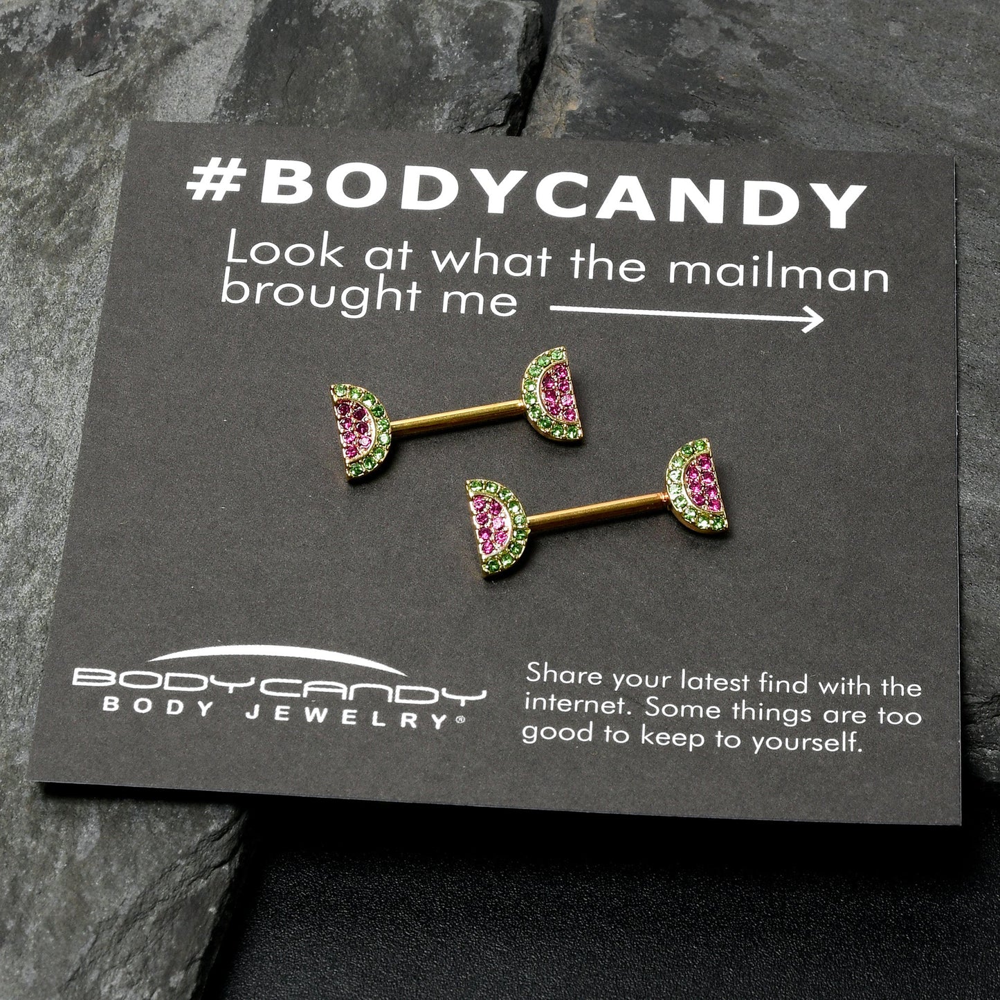 14G 9/16 Pink Gem Gold Hue Watermelon Yum Barbell Nipple Ring Set