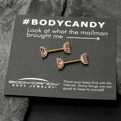14G 9/16 Pink Gem Gold Hue Watermelon Yum Barbell Nipple Ring Set