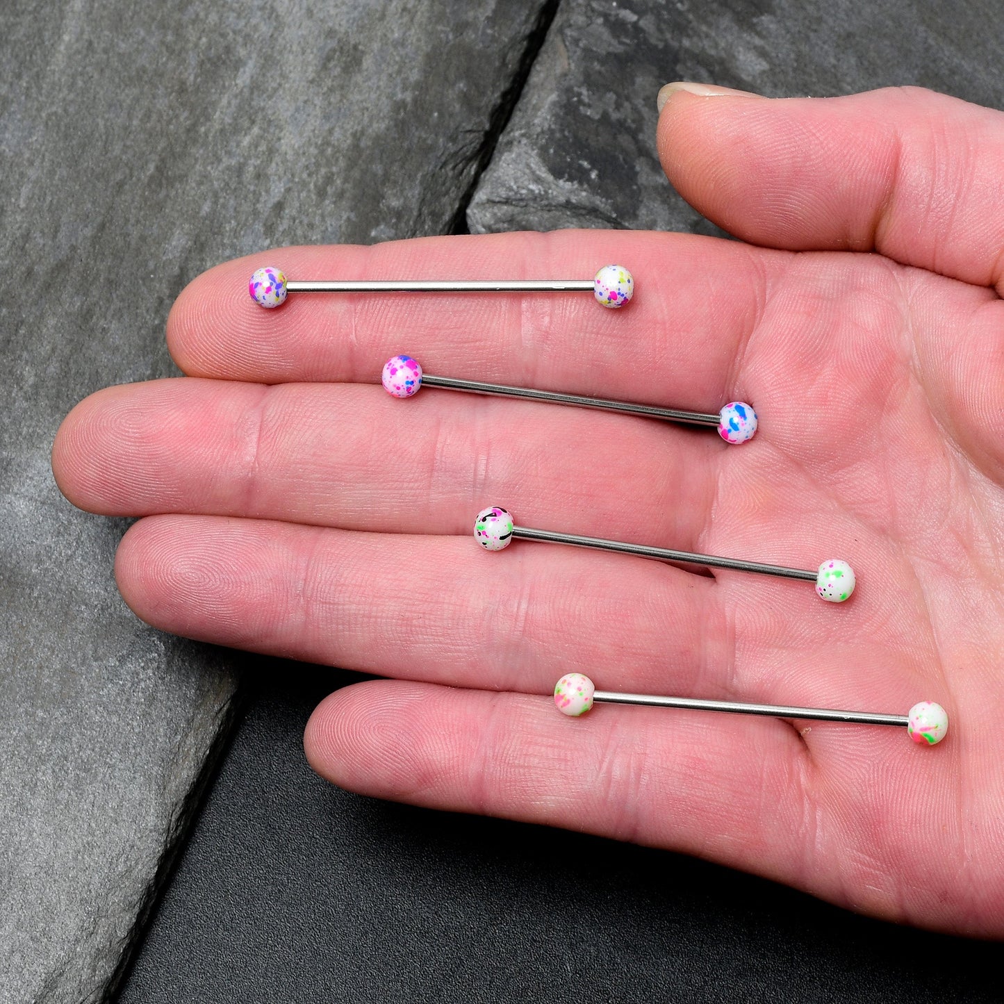 14G Splatter Pink White Purple Industrial Barbell 38mm Set of 4