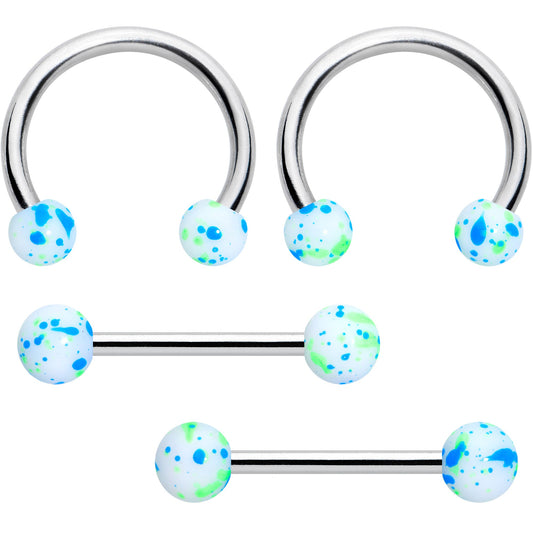 14G 9/16 1/2 Splatter Blue Green Barbell Horseshoe Nipple Ring Set of 4