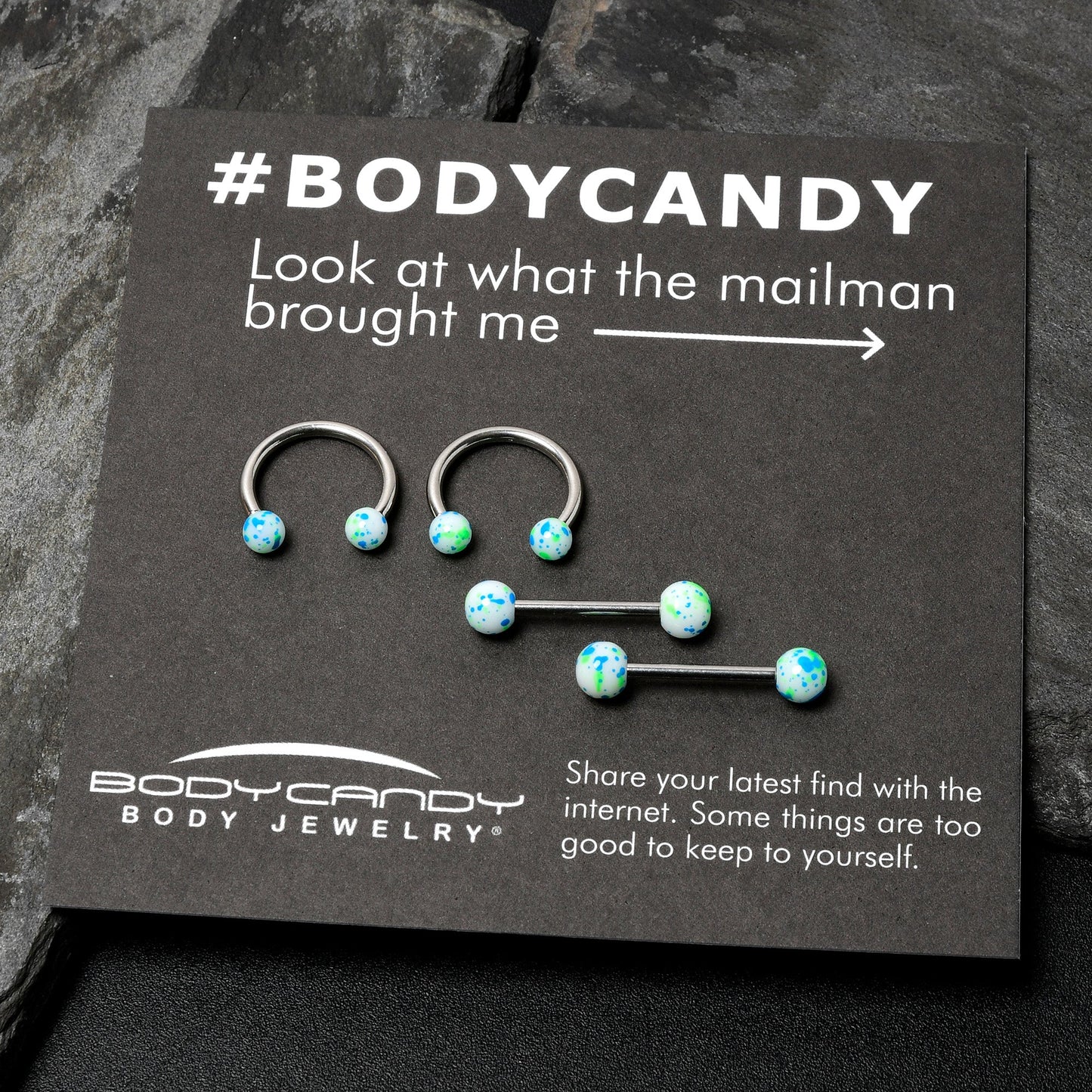 14G 9/16 1/2 Splatter Blue Green Barbell Horseshoe Nipple Ring Set of 4