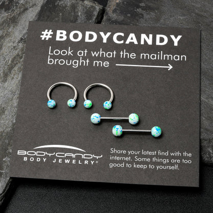 14G 9/16 1/2 Splatter Blue Green Barbell Horseshoe Nipple Ring Set of 4