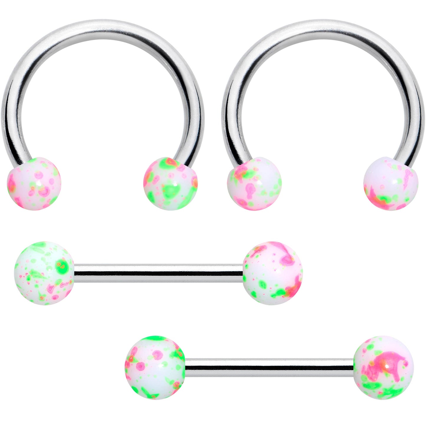 14G 9/16 1/2 Splatter Green Pink Barbell Horseshoe Nipple Ring Set of 4