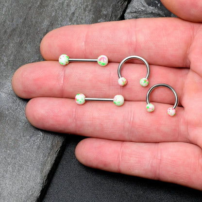 14G 9/16 1/2 Splatter Green Pink Barbell Horseshoe Nipple Ring Set of 4