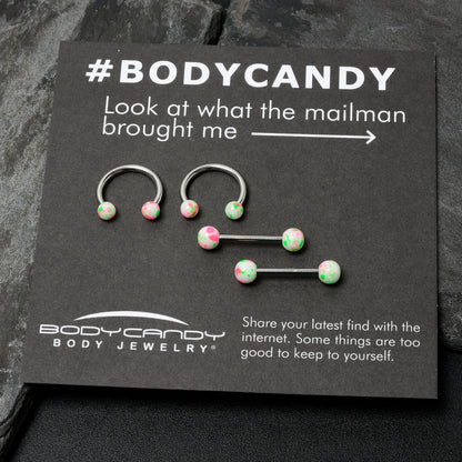 14G 9/16 1/2 Splatter Green Pink Barbell Horseshoe Nipple Ring Set of 4