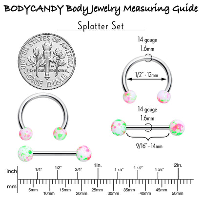 14G 9/16 1/2 Splatter Green Pink Barbell Horseshoe Nipple Ring Set of 4