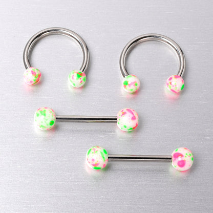 14G 9/16 1/2 Splatter Green Pink Barbell Horseshoe Nipple Ring Set of 4