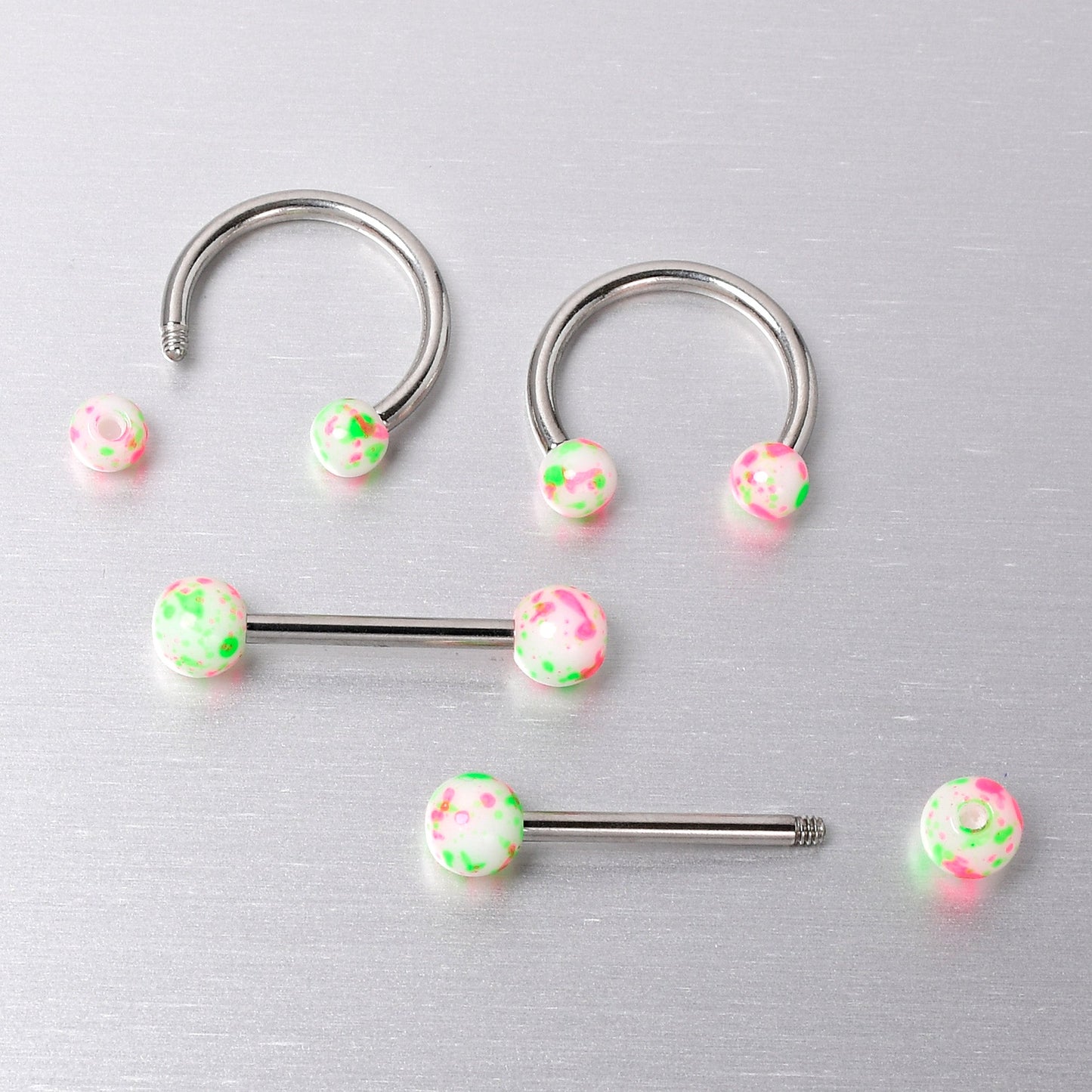 14G 9/16 1/2 Splatter Green Pink Barbell Horseshoe Nipple Ring Set of 4