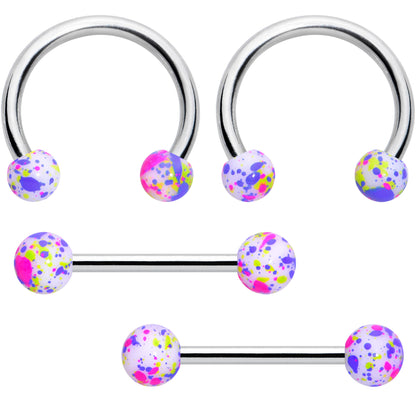 14G 9/16 1/2 Splatter Green Purple Barbell Horseshoe Nipple Ring Set of 4