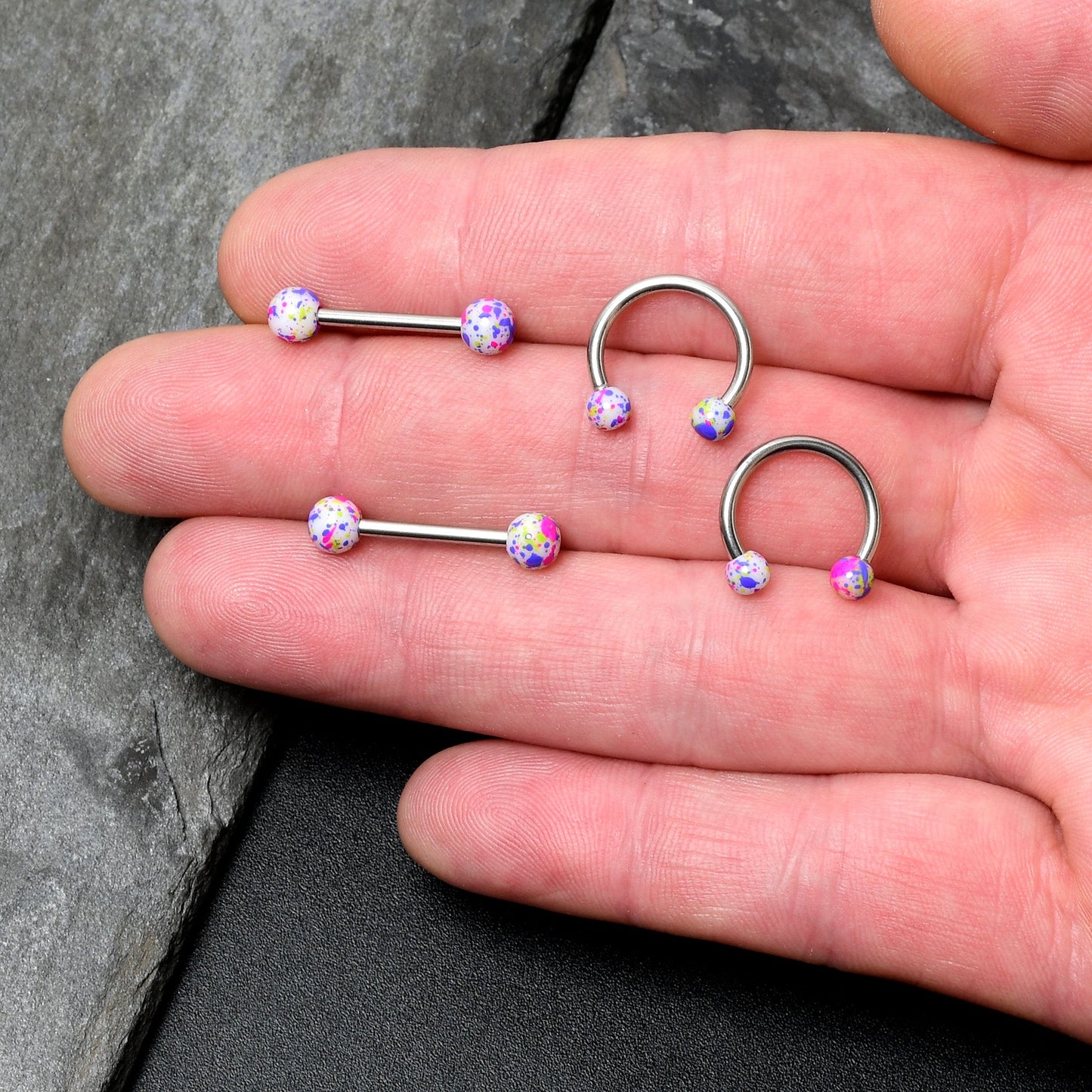 14G 9/16 1/2 Splatter Green Purple Barbell Horseshoe Nipple Ring Set of 4
