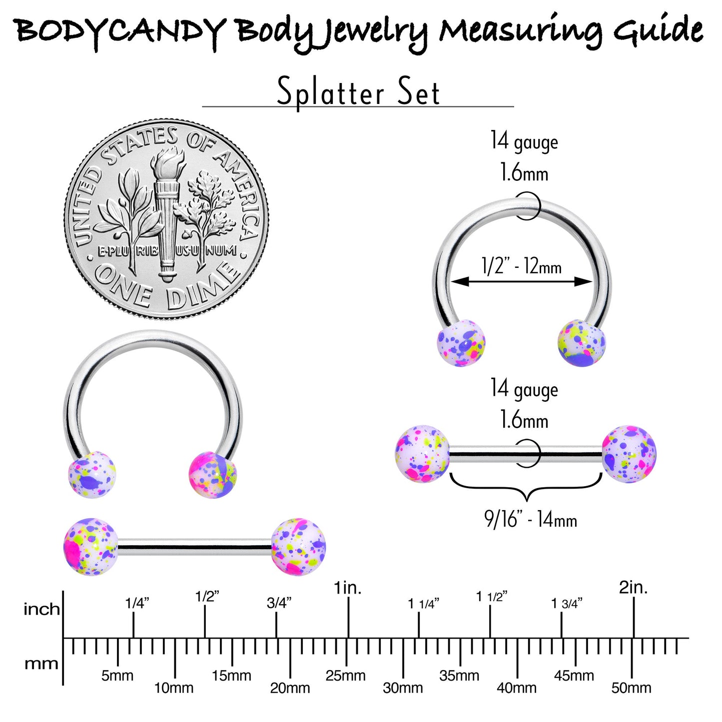 14G 9/16 1/2 Splatter Green Purple Barbell Horseshoe Nipple Ring Set of 4