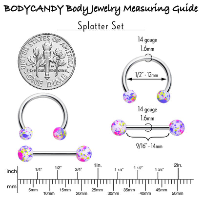 14G 9/16 1/2 Splatter Green Purple Barbell Horseshoe Nipple Ring Set of 4