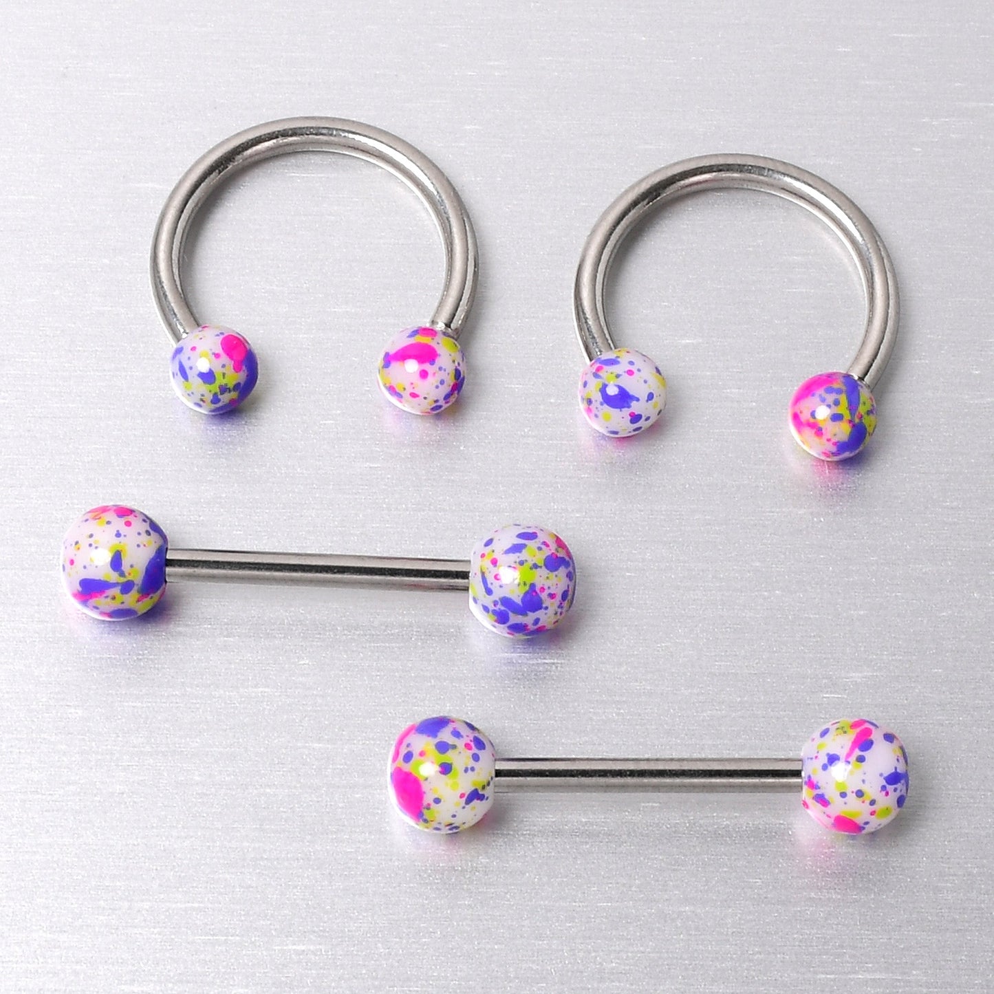 14G 9/16 1/2 Splatter Green Purple Barbell Horseshoe Nipple Ring Set of 4