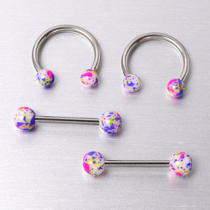 14G 9/16 1/2 Splatter Green Purple Barbell Horseshoe Nipple Ring Set of 4