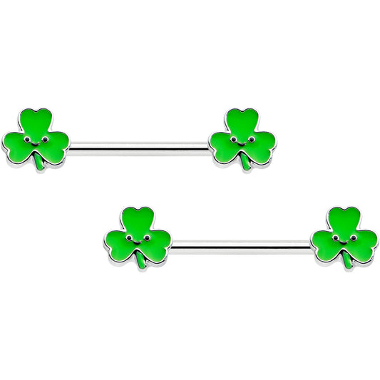 14G 9/16 Kawaii Smile Shamrock St Patricks Barbell Nipple Ring Set