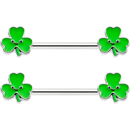 14G 9/16 Kawaii Smile Shamrock St Patricks Barbell Nipple Ring Set