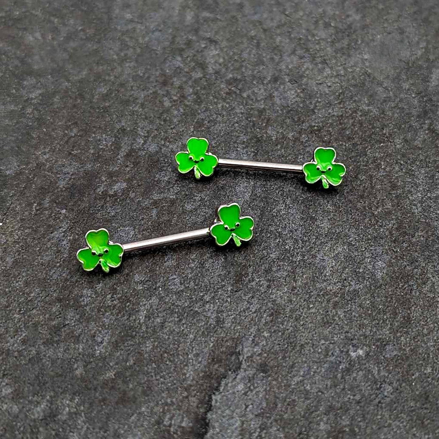 14G 9/16 Kawaii Smile Shamrock St Patricks Barbell Nipple Ring Set