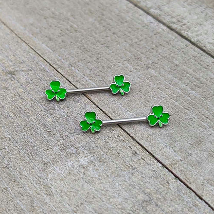 14G 9/16 Kawaii Smile Shamrock St Patricks Barbell Nipple Ring Set