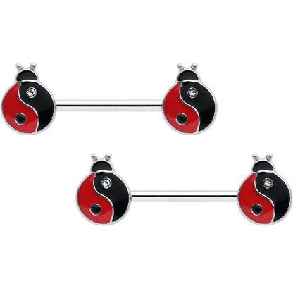 14G 9/16 Clear Gem Ladybug Yin Yang Barbell Nipple Ring Set