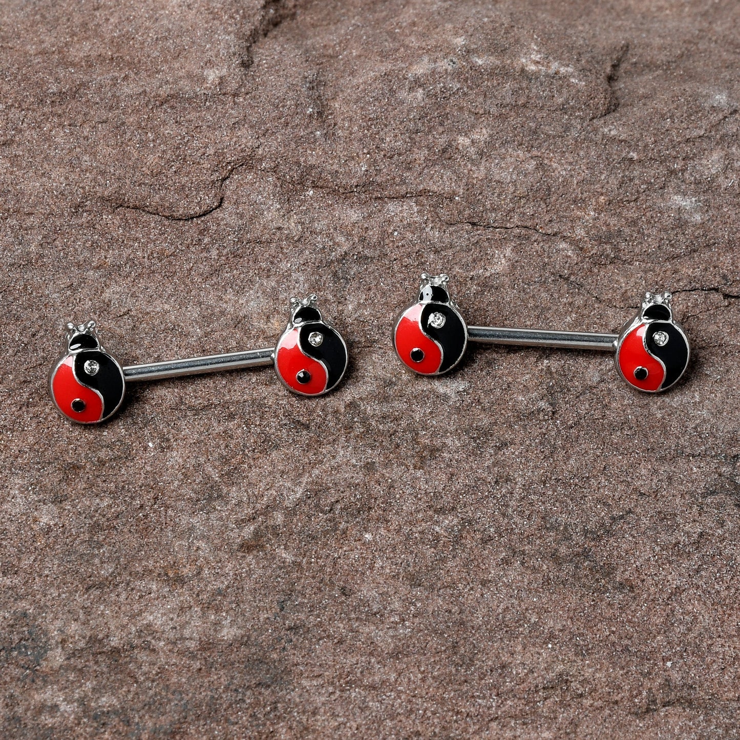 14G 9/16 Clear Gem Ladybug Yin Yang Barbell Nipple Ring Set