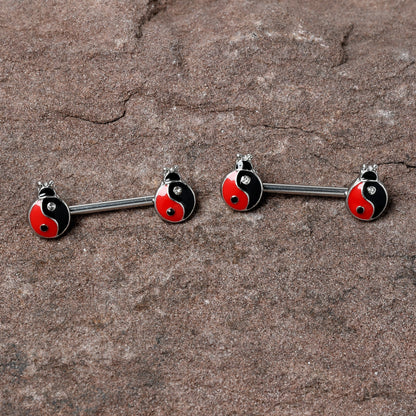 14G 9/16 Clear Gem Ladybug Yin Yang Barbell Nipple Ring Set