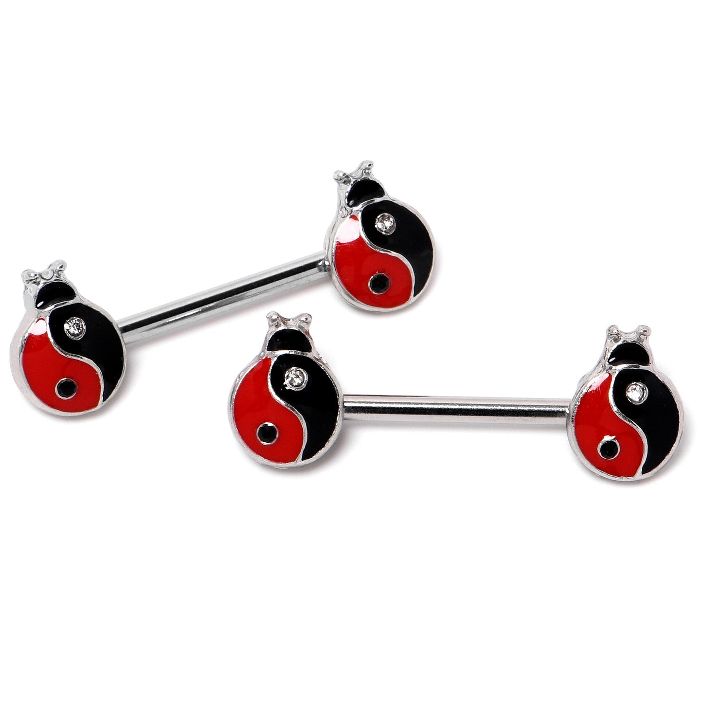 14G 9/16 Clear Gem Ladybug Yin Yang Barbell Nipple Ring Set