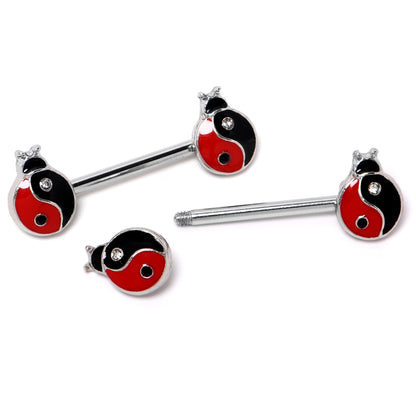 14G 9/16 Clear Gem Ladybug Yin Yang Barbell Nipple Ring Set